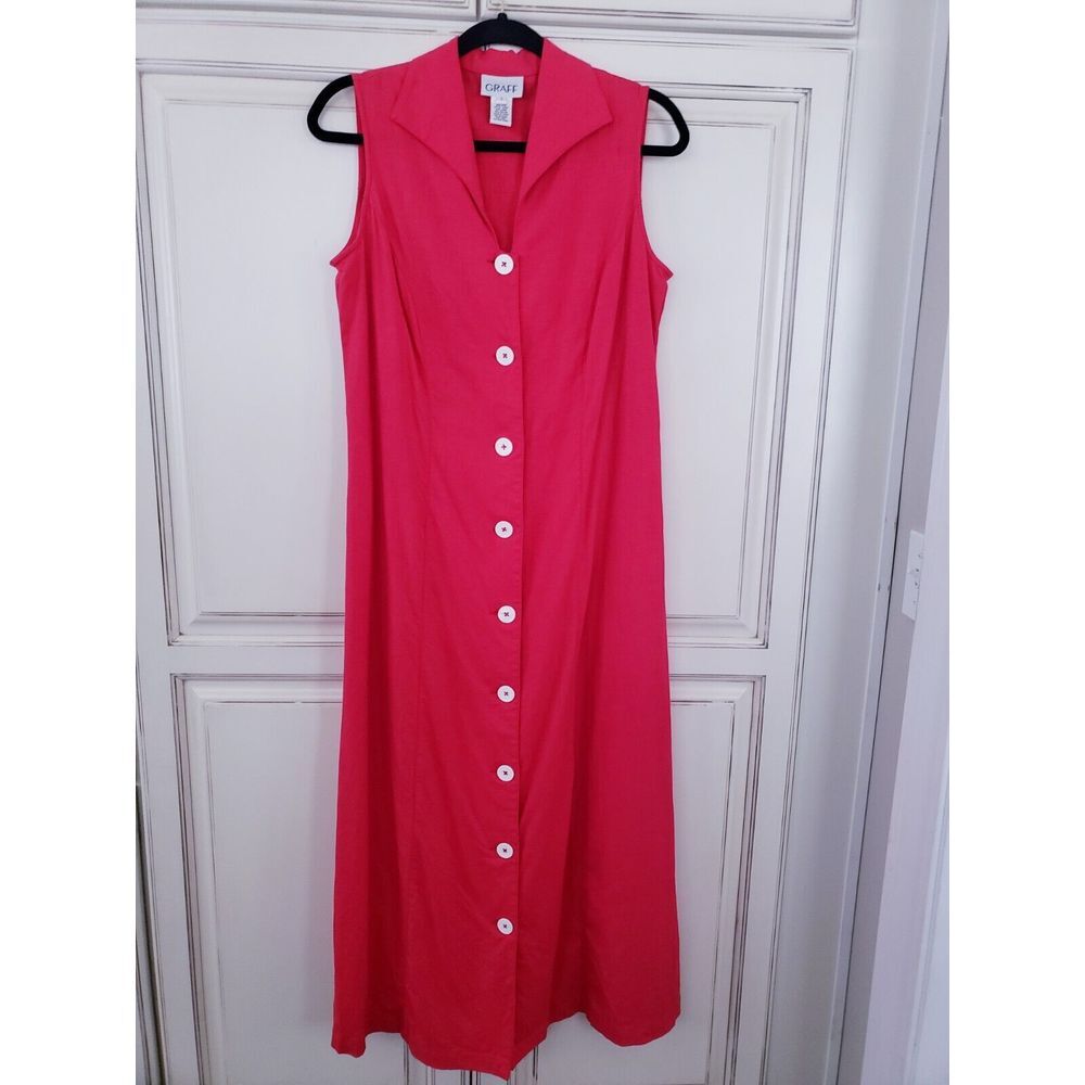 Vtg Graff Linen‎ Maxi Shirt Dress Sleeveless Cottagecore S Deep Hot Pink Buttons